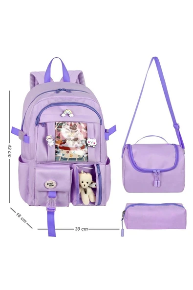 Waddell Kore Kawaii Tarzı Okul Sırt Çantası,Günlük Sırt Çantası Termal Beslenme Çantası Ve Kalemlik LİLA 26700 ürün görseli 1