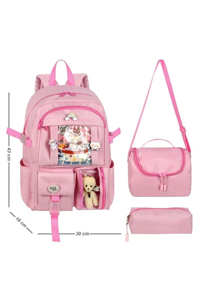 Waddell Kore Kawaii Tarzı Okul Sırt Çantası,Günlük Sırt Çantası Termal Beslenme Çantası Ve Kalemlik PEMBE 26700 ürün görseli 1
