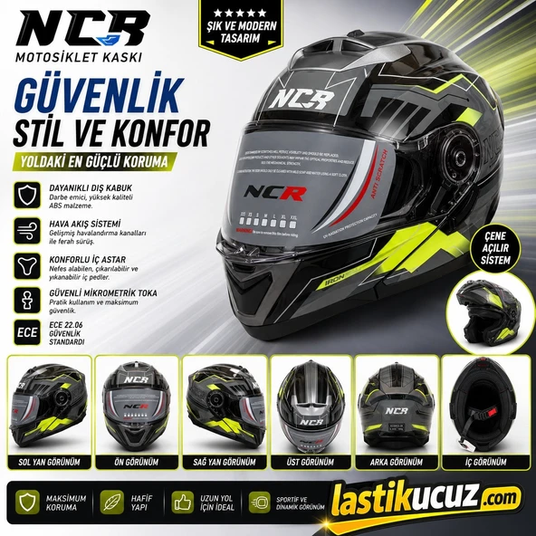 NCR-160E ÇENE AÇILIR GÖZLÜKLÜ E-CE BELGELİ KASK SARI GRAFİK ürün görseli 1