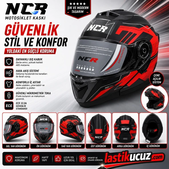 NCR-160E ÇENE AÇILIR GÖZLÜKLÜ E-CE BELGELİ KASK KIRMIZI GRAFİK ürün görseli 1