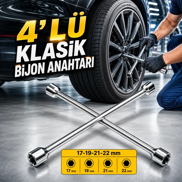 4’lü İstavroz Bijon Anahtarı 17-19-21-22 mm Çelik Oto Teker Lastik Sökme Takma Tamir El Aleti ürün görseli 1