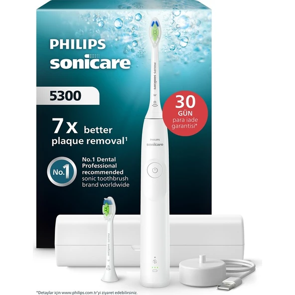 Philips Sonicare 5300 Serisi Şarjlı Diş Fırçası, 21 Gün Şarj, 7 kat plak temizliği, Basınç sensörü, 2 mod, Seyahat kabı, 2 başlık, Beyaz, HX7108/03 ürün görseli 1