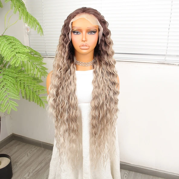 Kumral Beyaz Platin Ombre ve Röfleli Fiber Sentetik Tül Peruk ürün görseli 1