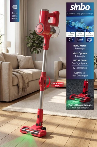 Sinbo SVC-8642 Kablosuz Dikey Şarjlı Süpürge 22.2V BLDC Motor LED Işıklı Turbo Başlık 1L Toz Hazneli ürün görseli 1
