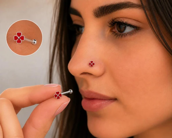 925 Ayar Gümüş Burun Hızması Kırmızı Çiçek Desenli Minimal Nose Stud Kadın Erkek Unisex 8 mm ürün görseli 1