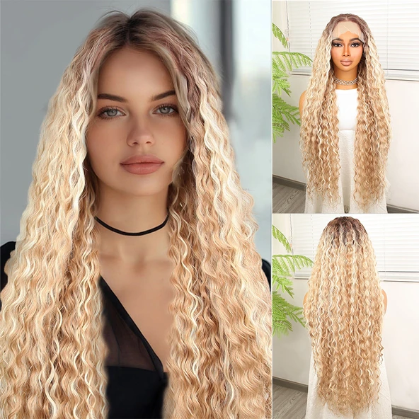 Afro Dalga Rus Kumralı Balköpüğü Ombreli Platin Işıltılı Fiber Sentetik Tül Peruk ürün görseli 1