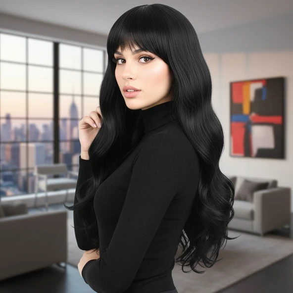 Kahküllü Uzun Dalgalı Fiber Sentetik Peruk / Siyah ürün görseli 1