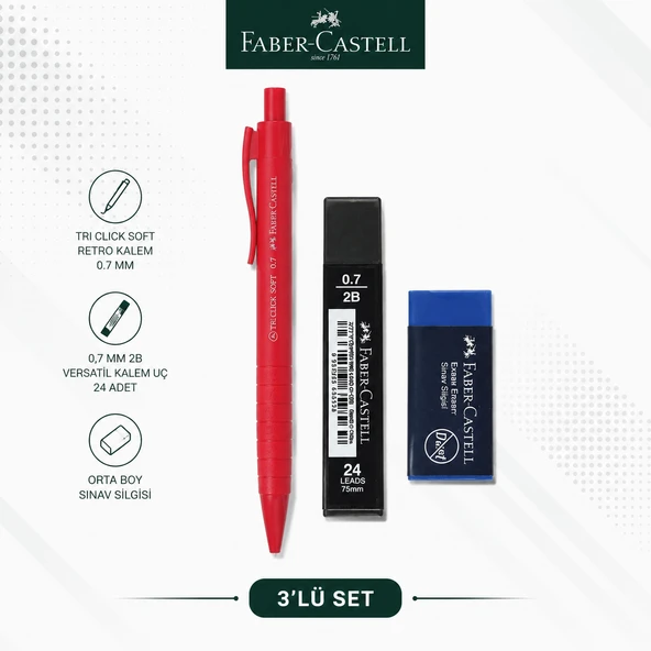 Faber-Castell Tri Click Soft Retro 0,7 Kırmızı Versatil Kalem+0,7 uç+Orta Boy Sınav silgisi ürün görseli 1