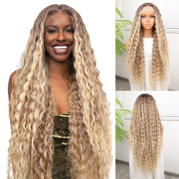 Afro Dalga Kumral Balköpüğü Ombre ve Röfleli Fiber Sentetik Tül Peruk ürün görseli 1