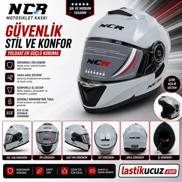 NCR-160E ÇENE AÇILIR GÖZLÜKLÜ E-CE BELGELİ KASK COOL GRİ ürün görseli 1