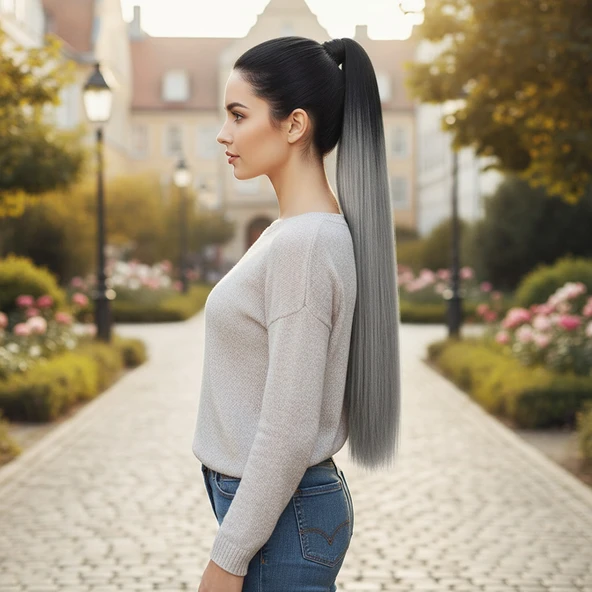 Lastik Tokalı At Kuyruğu Düz / Siyah / Gri Ombre ürün görseli 1