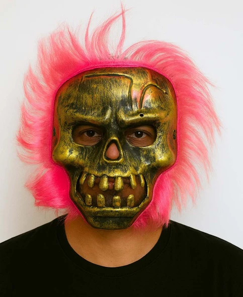 Wild Skull - Bakır Kafatası Pembe Saçlı İskelet Maske ürün görseli 1