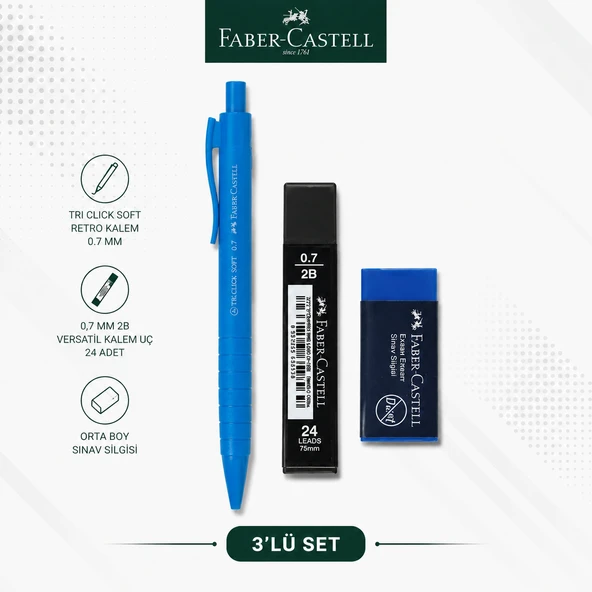 Faber-Castell Tri Click Soft Retro 0,7 Mavi Versatil Kalem+0,7 uç+Orta Boy Sınav silgisi ürün görseli 1