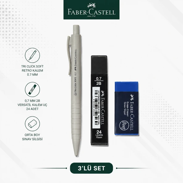 Faber-Castell Tri Click Soft Retro 0,7 Krem Versatil Kalem+0,7 uç+Orta Boy Sınav silgisi ürün görseli 1