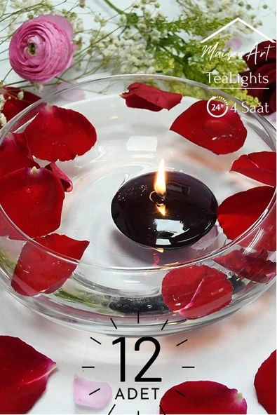Float | Siyah 12 Adet Yüzen Mum | 4 Saat Yanan Tea Light Mum | Kokusuz Terapi Mumu ürün görseli 1