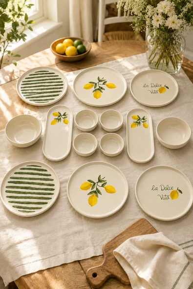 Amalfi 14 Parça 6 Kişilik Seramik Stackable Kahvaltı Takımı Limon Desenli Ayaklı Sunumluklu Sofra Seti ürün görseli 1