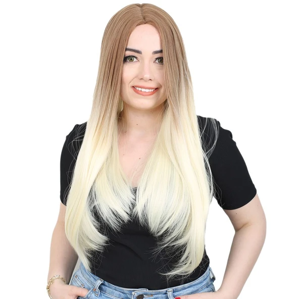 Fiber Sentetik Uzun Düz Peruk / Balköpüğü / Platin Ombreli ürün görseli 1