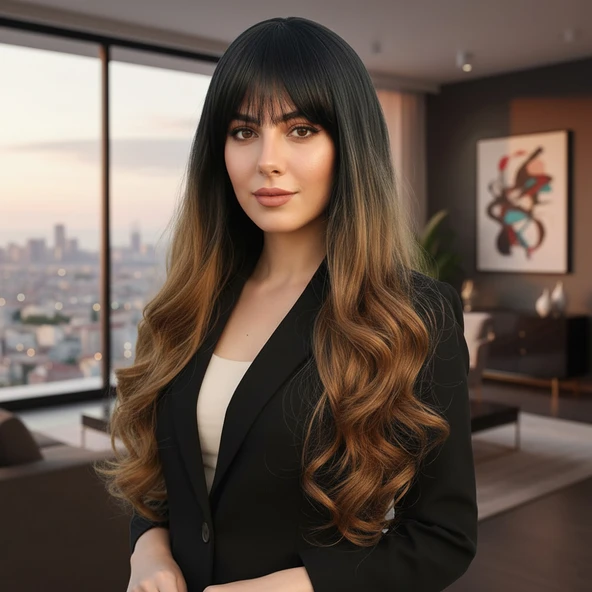 Kahküllü Uzun Dalgalı Fiber Sentetik Peruk / Siyah / Karamel Ombreli ürün görseli 1