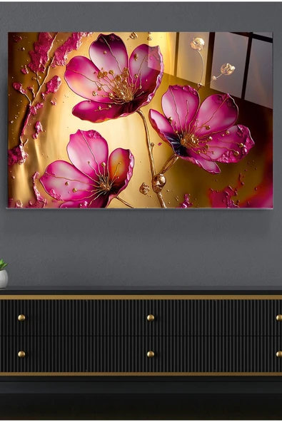 Pink Flowers Cam Tablo, Dekoratif Cam Tablo ürün görseli 1