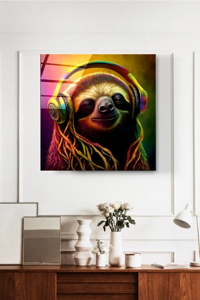 Neon Sloth Cam Tablo, Dekoratif Cam Tablo ürün görseli 1