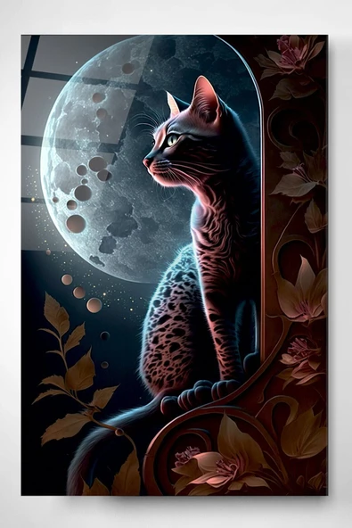 Dolunay Ve Kedi Cam Tablo, Dekoratif Cam Tablo ürün görseli 1