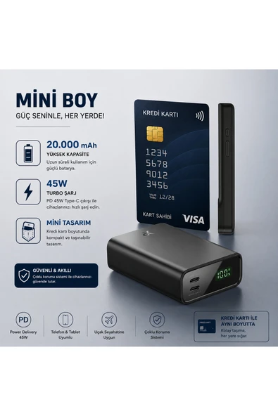 WMX TEKNOLOJİ PW501 20.000 mAh 45W PD Çift Type-C + 22.5W USB Çıkışlı Dijital Göstergeli Hızlı Şarj Powerbank ürün görseli 1