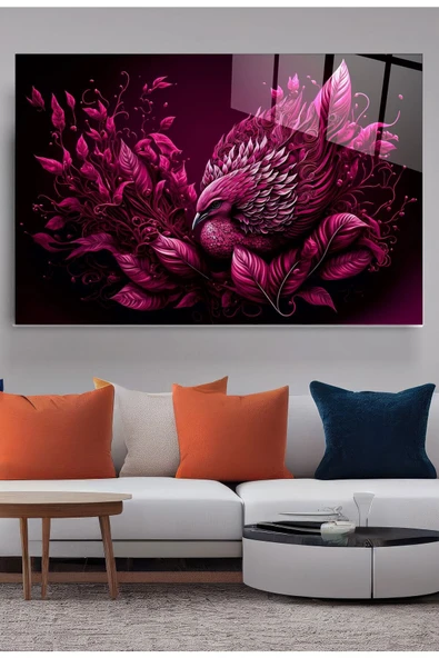 Pink Bird Cam Tablo, Dekoratif Cam Tablo ürün görseli 1