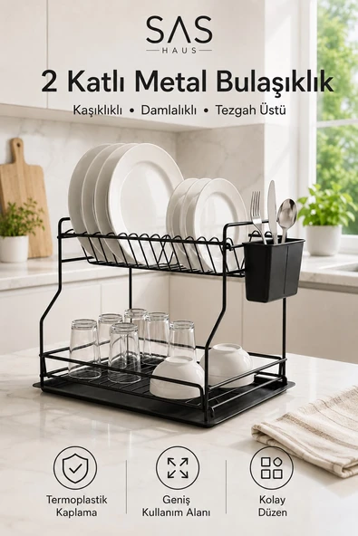 SAS Haus 2 Katlı Metal Bulaşıklık Kaşıklıklı ve Damlalıklı Tezgâh Üstü Bulaşık Kurutmalık DTB-02 ürün görseli 1