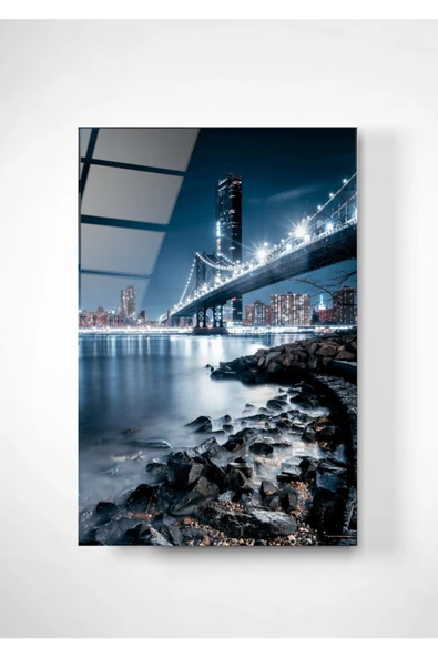 Manhattan Bridge, New York Temalı Modern Uv Dijital Baskı Dekoratif Cam Tablo 70x110 ürün görseli 1