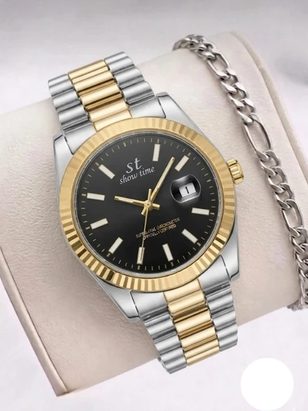 Erkek Kol Saati Bileklik Hediyeli Çift Renk Çelik Kordon Takvimli Quartz Saat – Siyah Kadran Gold Silver Lüks Klasik Erkek Saati SWT09 ürün görseli 1