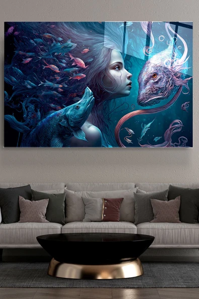 Mermaid And Fishes Cam Tablo, Dekoratif Cam Tablo ürün görseli 1