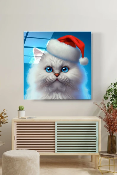 Noel Şapkalı Kedi Cam Tablo, Dekoratif Cam Tablo ürün görseli 1