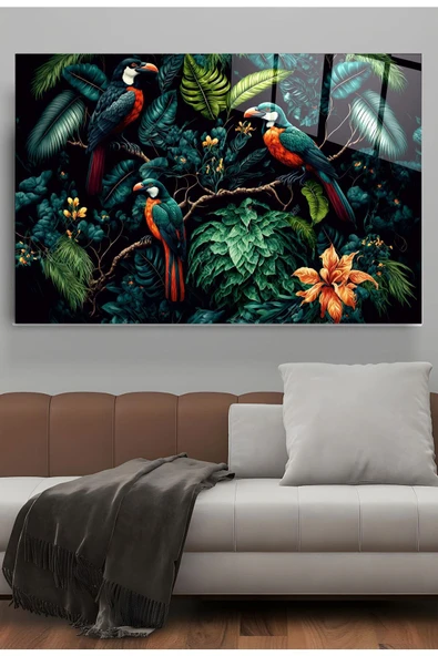 Green Birds Cam Tablo, Dekoratif Cam Tablo ürün görseli 1