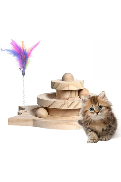 MIIQ2 Ahşap Kedi Oyuncağı Seti - 3 Katlı Toplu Zeka Geliştirici İnteraktif Kedi Oyun Alanı ve Tüylü Kedi Oltası ürün görseli 1