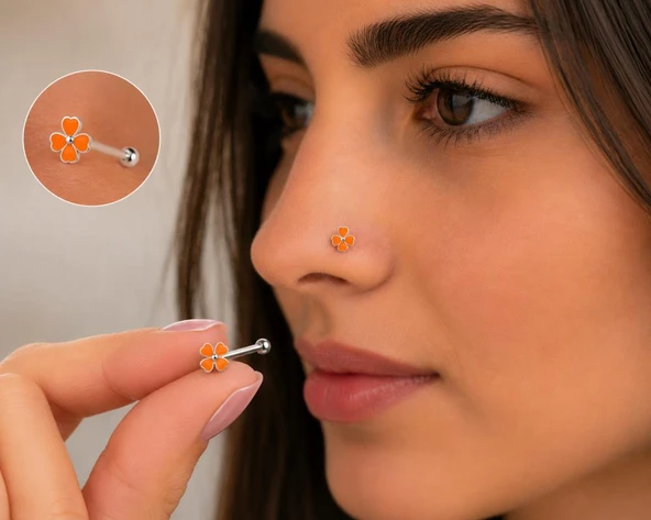 925 Ayar Gümüş Burun Hızması Turuncu Çiçek Desenli Minimal Nose Stud Kadın Erkek Unisex 8 mm ürün görseli 1