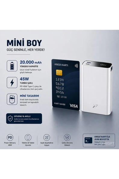 WMX TEKNOLOJİ PW501 20.000 mAh 45W PD Çift Type-C + 22.5W USB Çıkışlı Dijital Göstergeli Hızlı Şarj Powerbank ürün görseli 1
