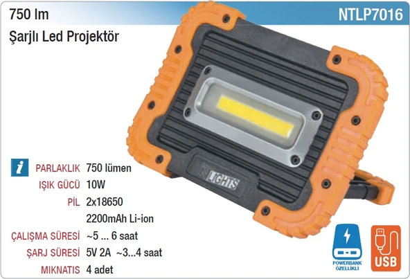 Nt Tools NTLP7016 Şarjlı LED Projektör 750 Lümen - Resim 2