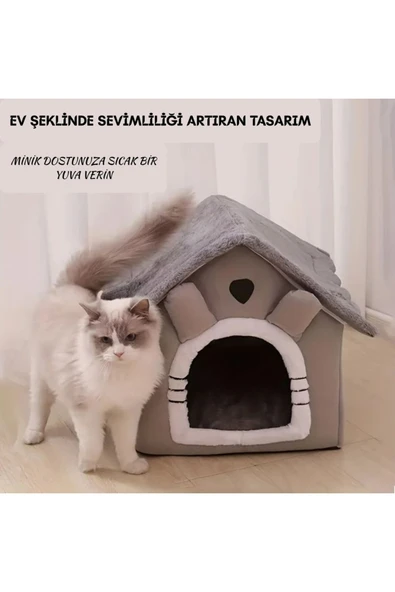 MIIQ2 Peluş Yumuşak Kedi ve Küçük Köpek Evi - Kapalı Kulübe Tasarımlı Yıkanabilir Minderli Evcil Hayvan Yatağı ürün görseli 1
