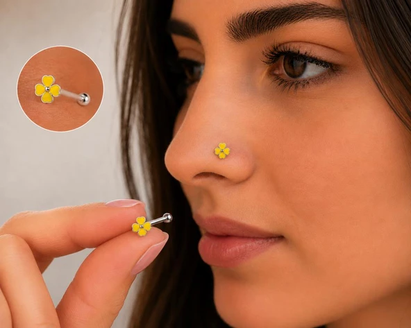 925 Ayar Gümüş Burun Hızması Sarı Çiçek Desenli Minimal Nose Stud Kadın Erkek Unisex 8 mm ürün görseli 1
