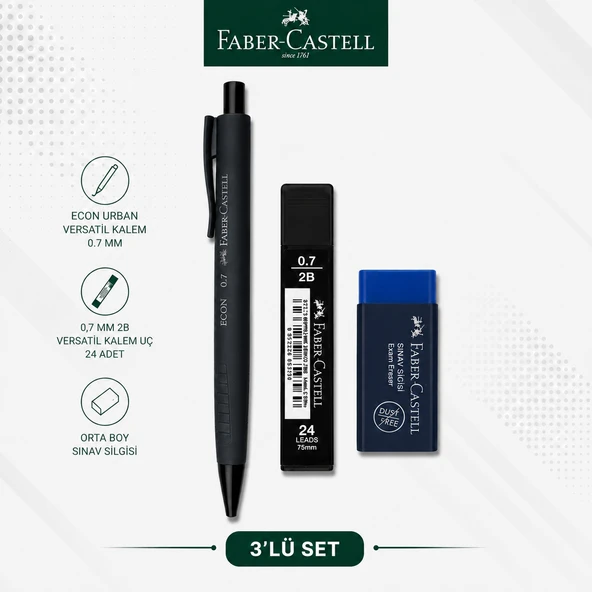 Faber-Castell Econ Urban 0,7 Siyah Versatil Kalem+0,7 uç+Orta Boy Sınav Silgisi ürün görseli 1