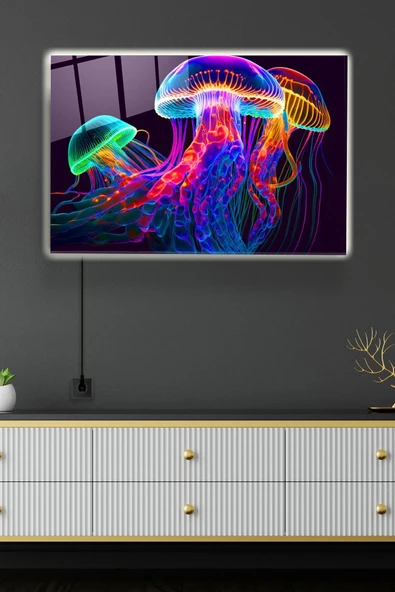 Dekoratif Led Aydınlatmalı Neon Denizanası , Işıklı Cam Tablo ürün görseli 1