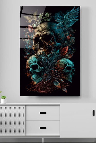 Skulls Cam Tablo, Dekoratif Cam Tablo - Resim 2