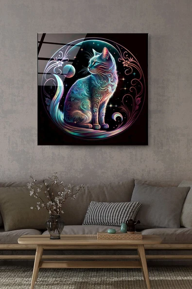 Neon Kedi Cam Tablo, Dekoratif Cam Tablo ürün görseli 1
