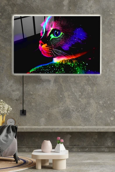 Led Aydınlatmalı Kedi Cam Tablo, Işıklı Cam Tablo ürün görseli 1