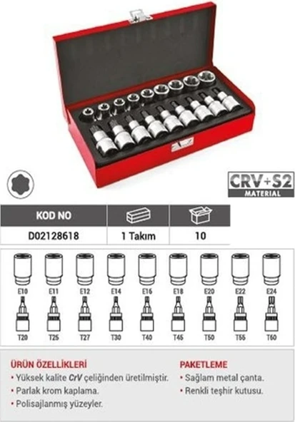DHT 1/2 Torx Uçlu Lokma Takımı İç ve Dış 18 Parça ürün görseli 1