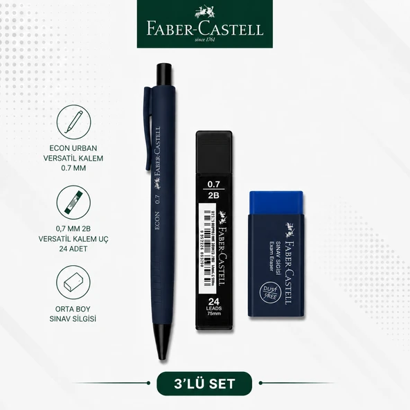 Faber-Castell Econ Urban 0,7 Lacivert Versatil Kalem+0,7 uç+Orta Boy Sınav Silgisi ürün görseli 1