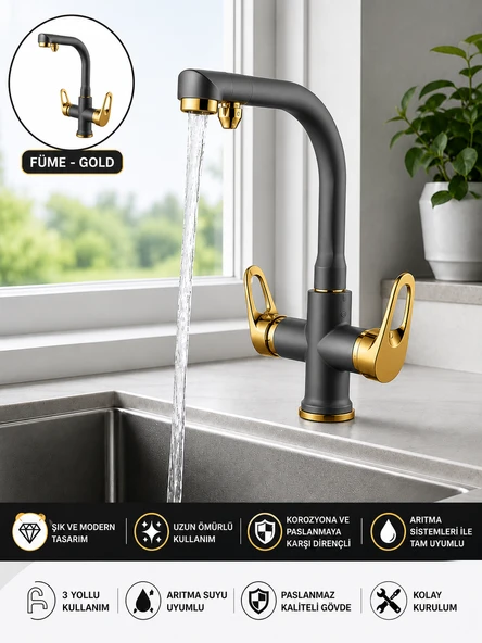 3 Yollu Füme Gold Mutfak Bataryası Su Arıtma Musluğu Sıcak Soğuk ve Arıtma Suyu Çıkışlı Paslanmaz Pirinç Gövde Lüks Evye Bataryası ürün görseli 1
