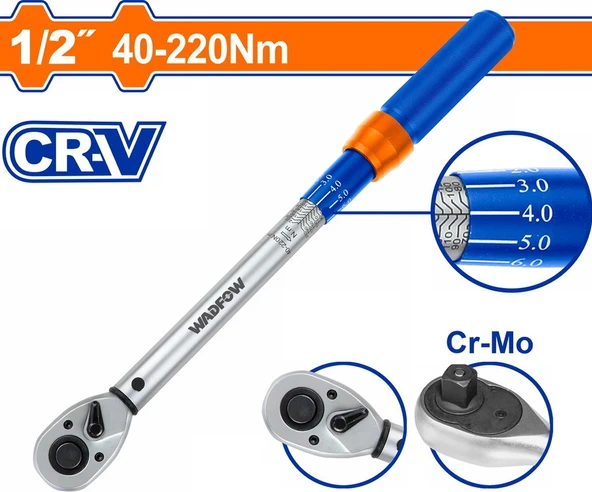 Wadfow 1/2 Tork Kolu 40-220NM Kalibrasyon Sertifikalı 430 mm Taşıma Çantalı Dayanıklı Malzeme ürün görseli 1