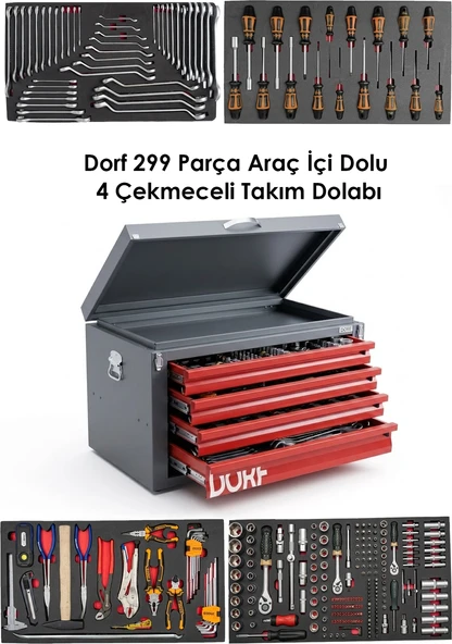 Dorf Tools Yol Yardım Için 300 Parça Profesyonel 4 Çekmece Seyyar Takım Sandığı ürün görseli 1