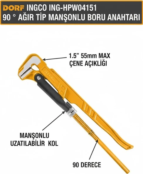 Dorf Ingco ING-HPW04151 90 ° Ağır Tip Manşonlu Boru Anahtarı 1.5" 55MM ürün görseli 1